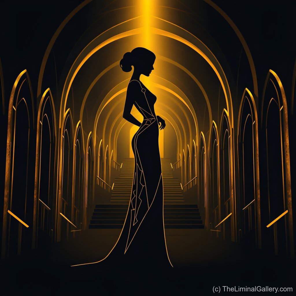 An art deco passage adorned with glowing golden splendor, embodying opulence, refinement, and timeless luxury.